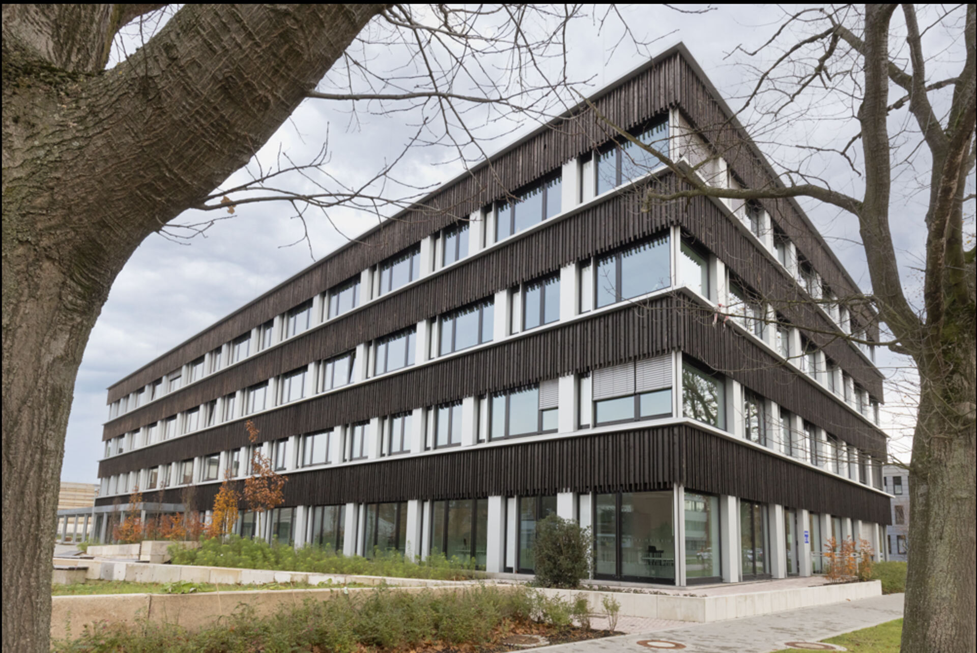 Ein Quader-förmiges, 4-stöckiges Gebäude, die Fassade teilweise mit Holz verkleidet, davor angelegte Grünflächen.