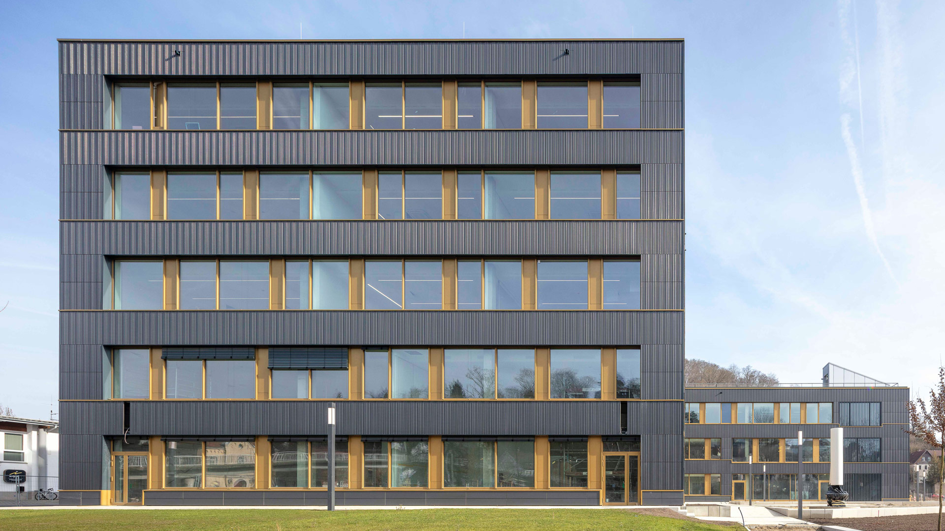Modernes Gebäude der Dualen Hochschule Heidenheim mit goldenen Fensterrahmen und einer grünen Wiese im Vordergrund.