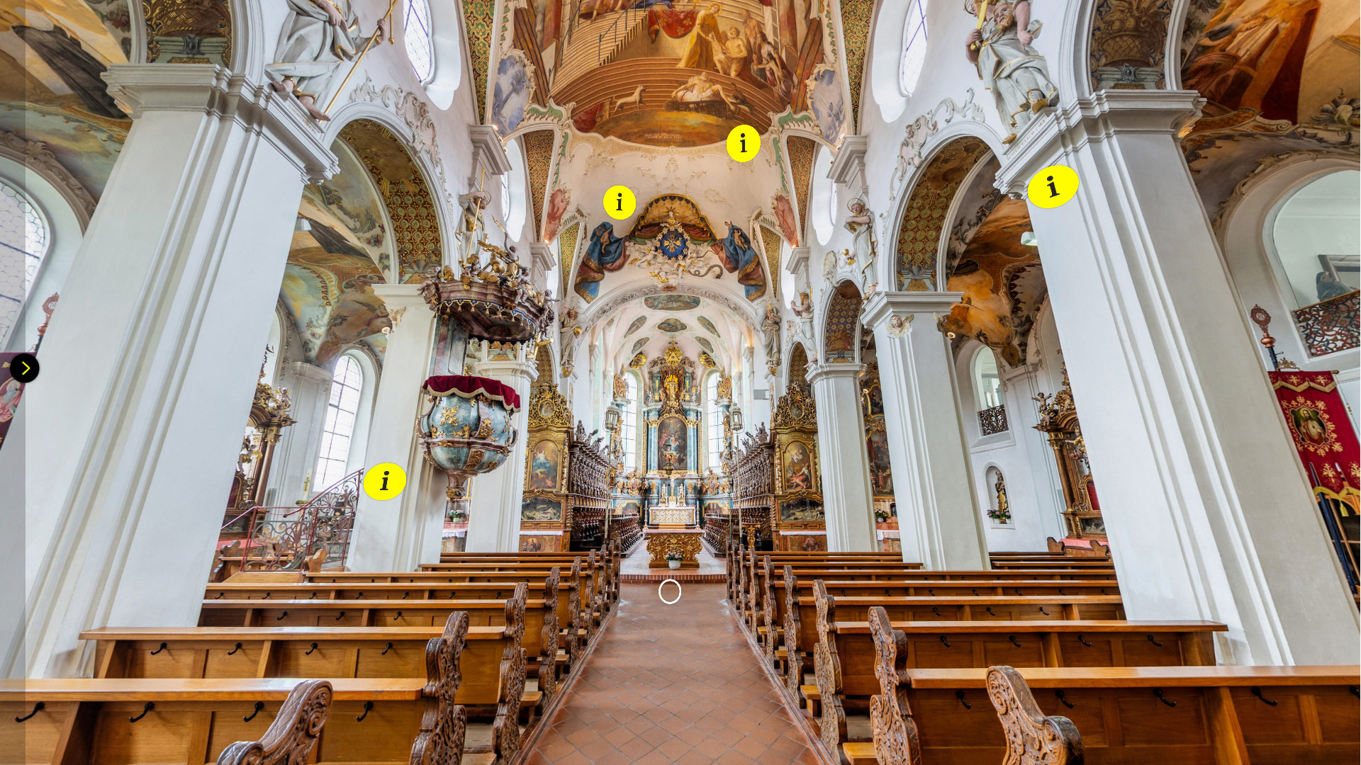 Screenshot des virtuellen Rundgangs in der Pfarrkirche St. Magnus Bad Schussenried. Das Bild zeigt das Mittelschiff mit den Deckenfresken.