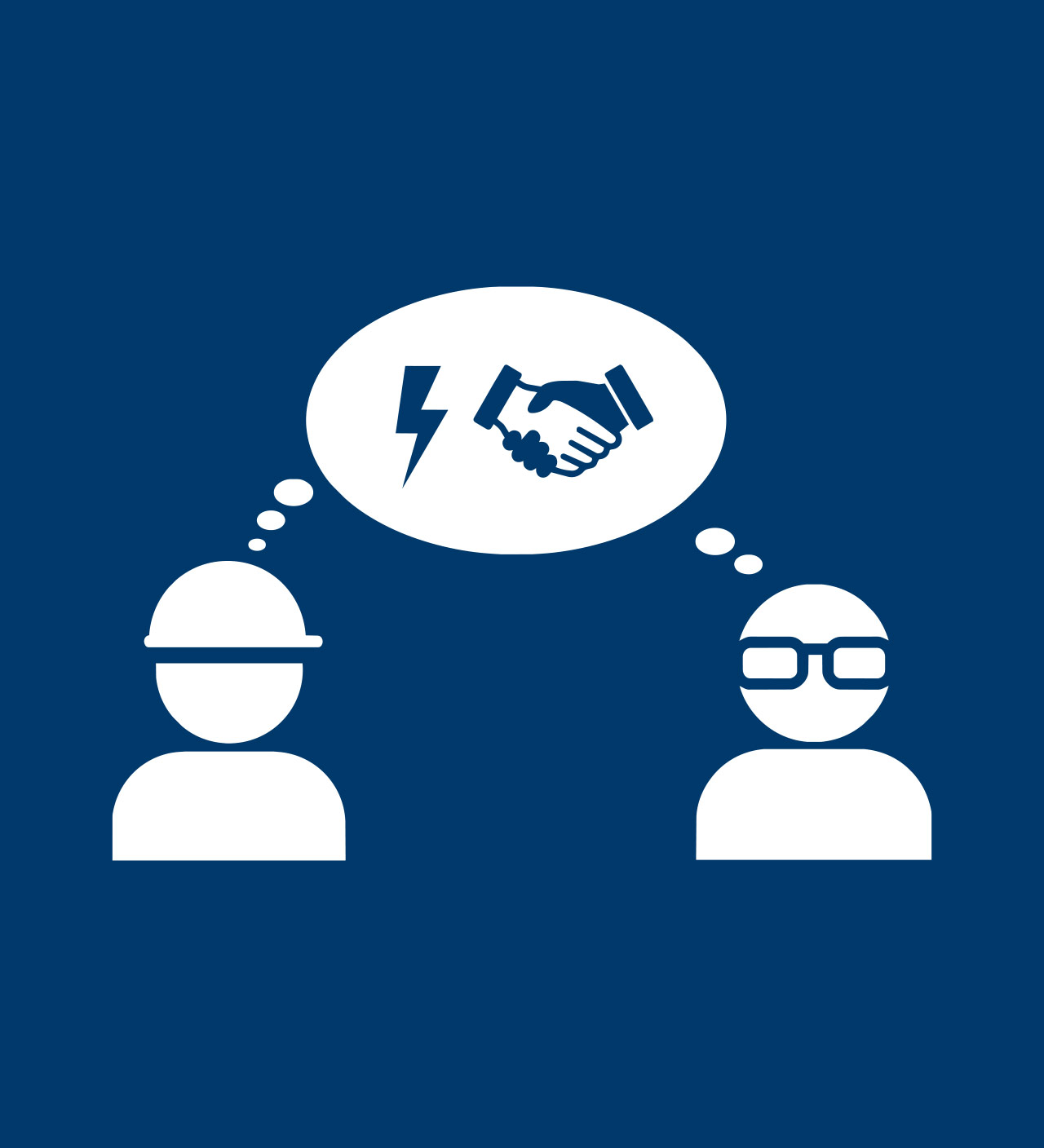 Grafik: zwei Personen mit gemeinsamer Denkblase. Darin je ein Symbol für Konflikt (Blitz) und Übereinkunft (Handshake).
