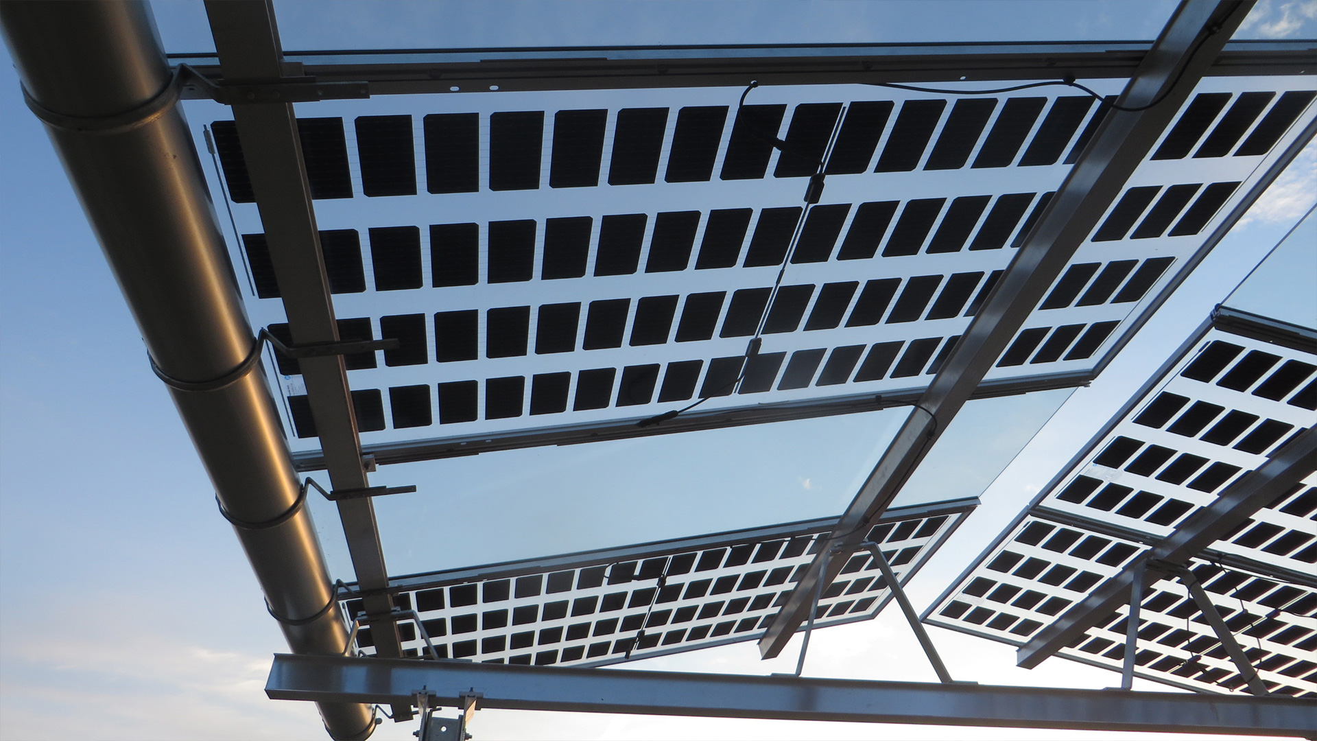 Halbtransparente Photovoltaik-Module, die auf einem Metallgestell angebracht sind.