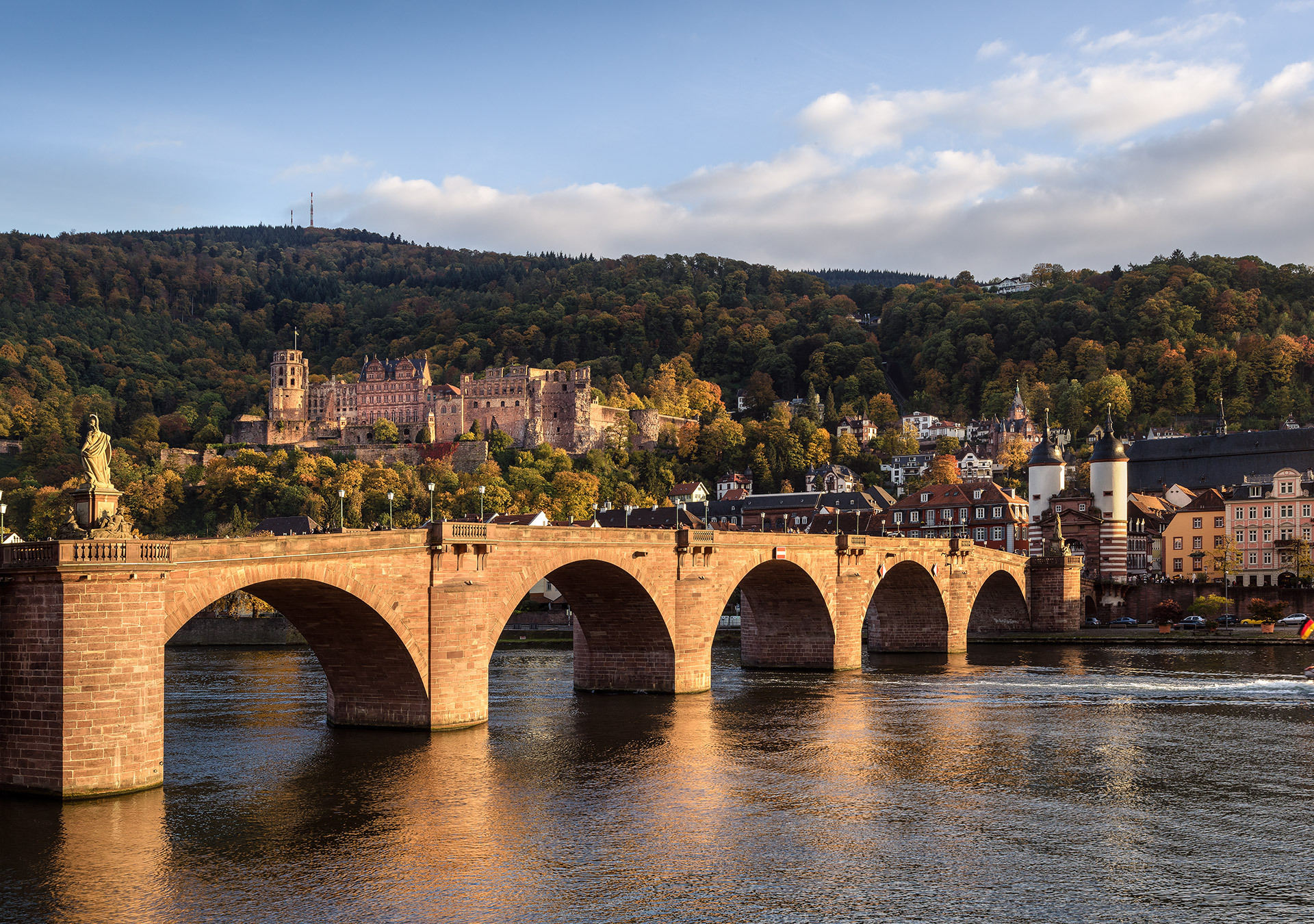 Der Blick vom Neckar und der Alten Brücke auf das Heidelberger Schloss.