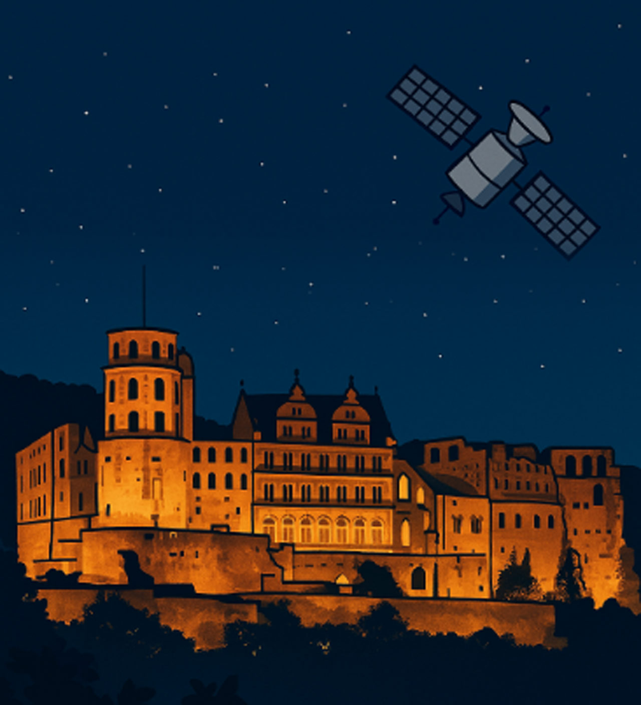 Grafische Darstellung des bei Nacht angestrahlten Schloss Heidelberg. Darüber: Sternenhimmel und ein Satellit.