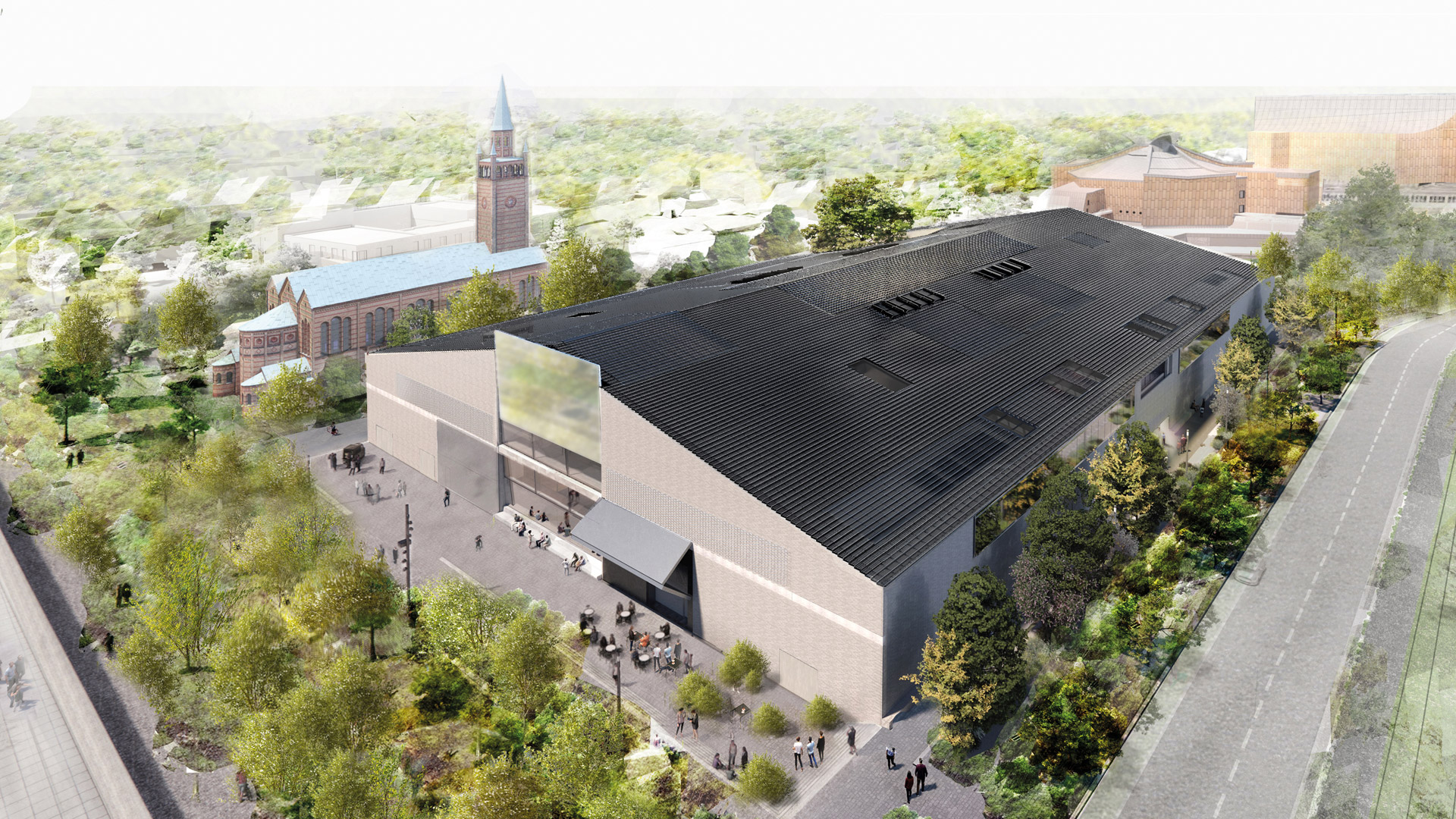 Visualisierung: Vogelperspektive auf das Museumsgebäude. Im Hintergrund die nebenstehende St. Matthäus-Kirche.